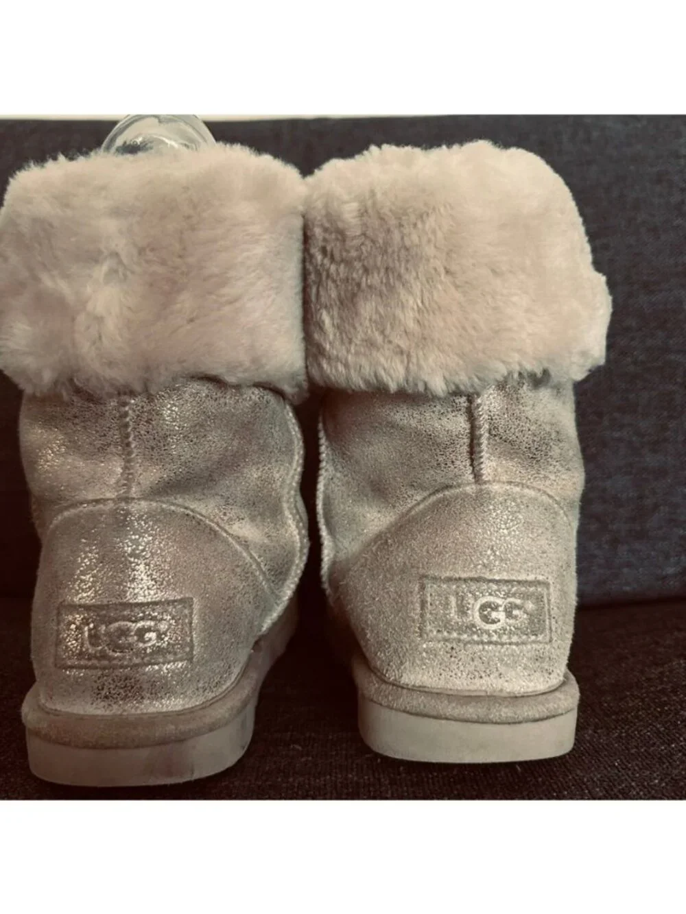 UGG Ramona Classic II Metallic Bow Cuff Short Boots Youth Size 3 Silver Faux Fur